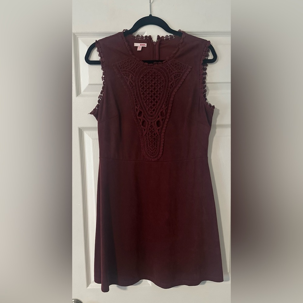 Juniors BONGO Vegan Suede Crochet 90s‎ Boho Burgundy Sleeveless Dress XL.